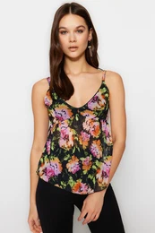 Black Floral Patterned Straps Lined Stretch Tulle Knitted Blouse