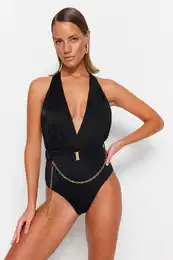 crni duboki dekolte accessorized, redoviti kupai kostim za noge
