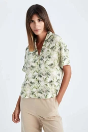 Regular Fit Short Sleeve Palm Print Viscose Shirt