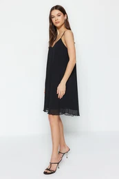 Limited Edition Black Premium Pleated Shift/Plain Mini Knitted Dress With Low-Cut Back