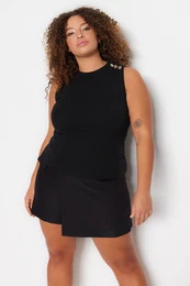 Curve Black Crew Neck Button Detailed Knitted Blouse