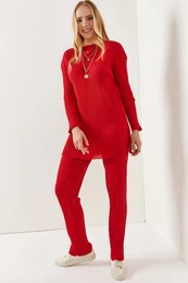 Women's Red Top Slit Blouse Bottom Palazzo Corduroy Suite