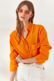 Women's Orange Single Pocket Woven Viscon Shirt
