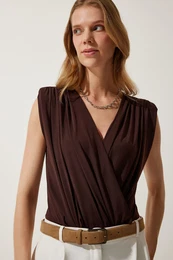 Happiness stanbul Women's Brown Wrapover Neck Waistband Snap-On Knitted Blouse