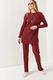 Women's Claret Red Top Slit Blouse Bottom Palazzo Corduroy Suite