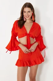 Red Woven Ruffle Blouse Shorts Beach Set