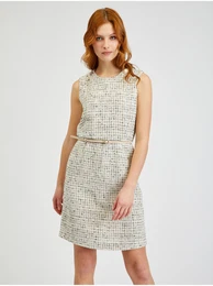 Cream Women Patterned Dress with Belt - Women