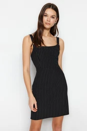 Black Striped A-line Strap Mini Woven Dress