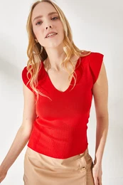 Women's Red Shoulder And Skirt Detailed Front Back V Knitwear Blouse