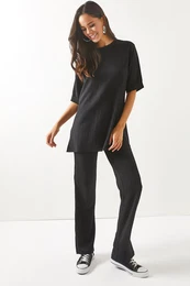 Women's Black Top Slit Bottom Palazzo Suit