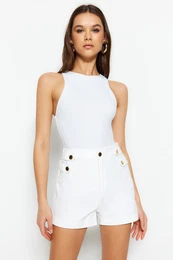 White Button Detailed Shorts