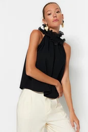Black Collar Detailed Smart Crepe Knitted Blouse