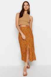 Orange Ethnic Patterned Slit Detailed Midi Woven Skirt