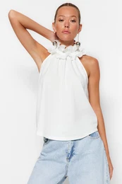 Ecru Collar Detailed Smart Crepe Knitted Blouse