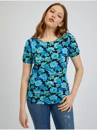 Blue-Black Women Floral T-Shirt - Women