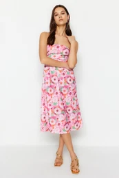 Pink Floral Strapless Belted Crepe Midi Knitted Dress