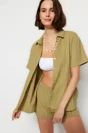 Green Woven Linen Blend Shirt Shorts Beach Set