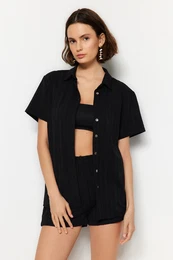 Black Woven Linen blend Shirt Shorts Beach Set