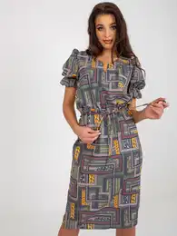 Khaki midi aty s potiskem a krtkm rukvem