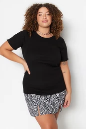 Curve Black Crew Neck Bodycone Ribbed Knitted Blouse
