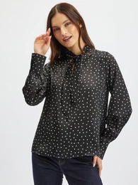 Black Ladies Satin Polka Dot Blouse - Women