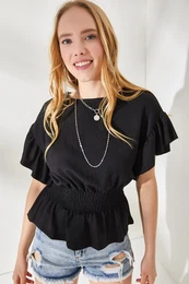 Women's Black Elastic Waist Frilly Sleeve Bat Bat Blouse