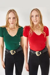 Women's Emerald-Red V-Neck Short Sleeve 2-Pack Suit Blouse