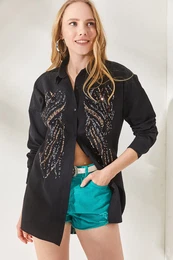 Women's Black Stamp Sequin Detailed Oversize Shirt
