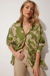Happiness stanbul Women's Green Patterned Oversize Cotton Satin Shirt