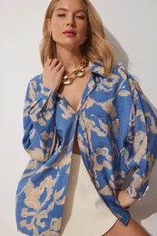 Happiness stanbul Women's Blue Patterned Oversize Cotton Satin Shirt