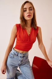 Women's Orange Deep V Neck Crop Sandy Knitted Blouse