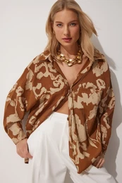 Happiness stanbul Women's Brown Patterned Oversize Cotton Satin Shirt