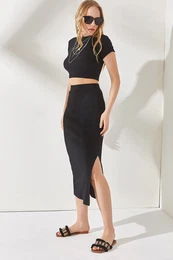 Women's Black Short Sleeve Slit Skirted Lycra Suit