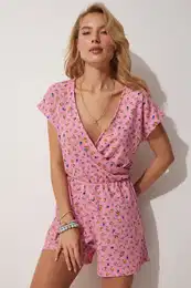 Happiness stanbul Women's Light Pink Printed Overalls with Wrapover Collar