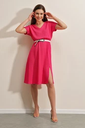 2378 V Neck Slit Knitted Dress - Fuchsia