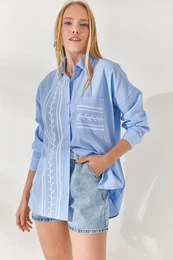 Bebe Blue Pocket Detailed Printed Woven Shirt