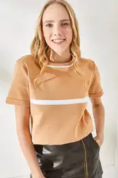 Women's Beige Striped Crew Neck Knitwear Blouse