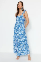 Navy Blue Tie Strap Krilo Frilly Ribbed Maxi pletena obleka