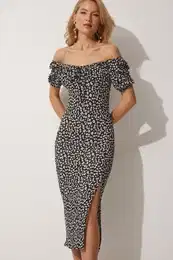 Happiness stanbul Women's Black Carmen Collar Slit Summer Knitted Dress