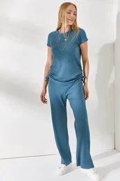 Women's Petrol Blue Gathered Side Blouse Palazzo Trousers Suit