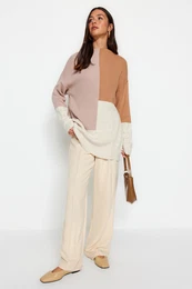 Stone Color Block High Neck Knitwear Sweater