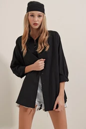 Women's Black Oversize Long Basic Shirt 3900
