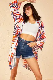 Women's Orange Multi Patterned Kimono