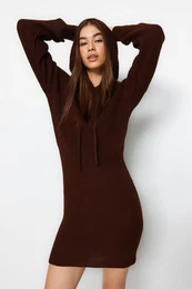 Brown Mini Knitwear Hooded Dress
