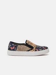 Orange Blue Women Patterned Leather Slip-on Animal Patch - Women