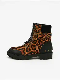 Brown Leather Ankle Boots with Leopard Pattern Biker Le - Ladies