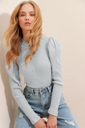 Trend Alaat Stili Women's Light Blue Princess Sleeve Half Turtleneck Camisole Blouse