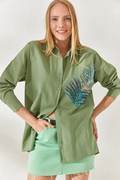 Mildew Green Palm Sequin Detail Oversize Woven Poplin Shirt