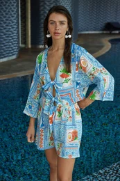 Light Blue Tropical Patterned Woven 100% Cotton Shirt Shorts Beach Set