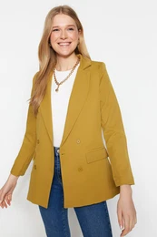 Light Brown Regular Lined Double Breasted Closure Button Detailed Woven Blazer Jacket